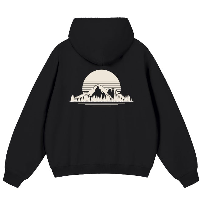 Golden Hour hoodie in black, back view with sunrise and peak art